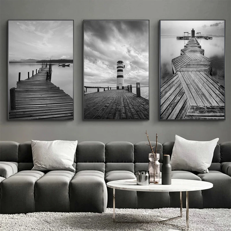 

Modern art canvas painting gray lighthouse and wooden bridge landscape posters and prints wall print canvas home decor gifts