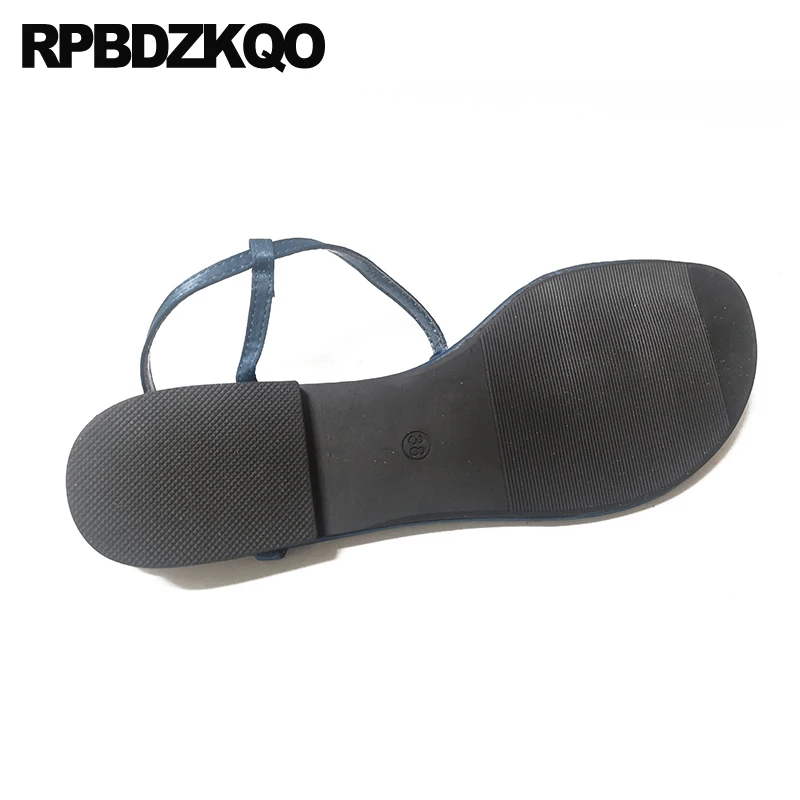 синий дамы женщины сандалии плоские лето 2018 дешево горный хрусталь T ремешок