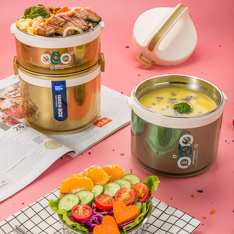 

Большой Студенческий пищевой контейнер из нержавеющей стали, двухслойный Ланч-бокс для детей и взрослых, герметичный, с изоляцией, для путе...