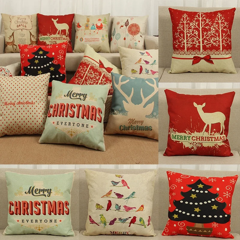 

Christmas Linen Cushion Cover Merry Christmas Santa Claus Deer Xmas Tree Pattern Throw Pillow Case for Office Car Home SofaDecor