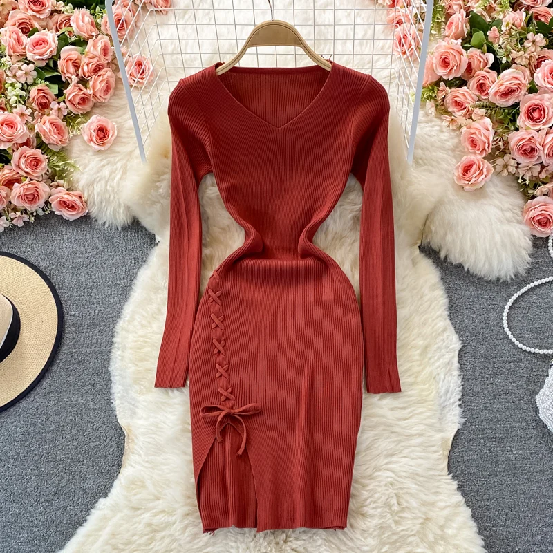 

Sexy Pure Knitting Pullover Vestidos Full Sleeve Low Cut Bandage Dress Office Lady Street Casual Wear Black Basic Bodycon Robe