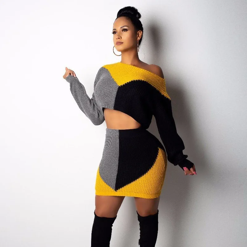 Женская обувь Новинка Цветная лоскутное платье с открытыми плечами свитеры