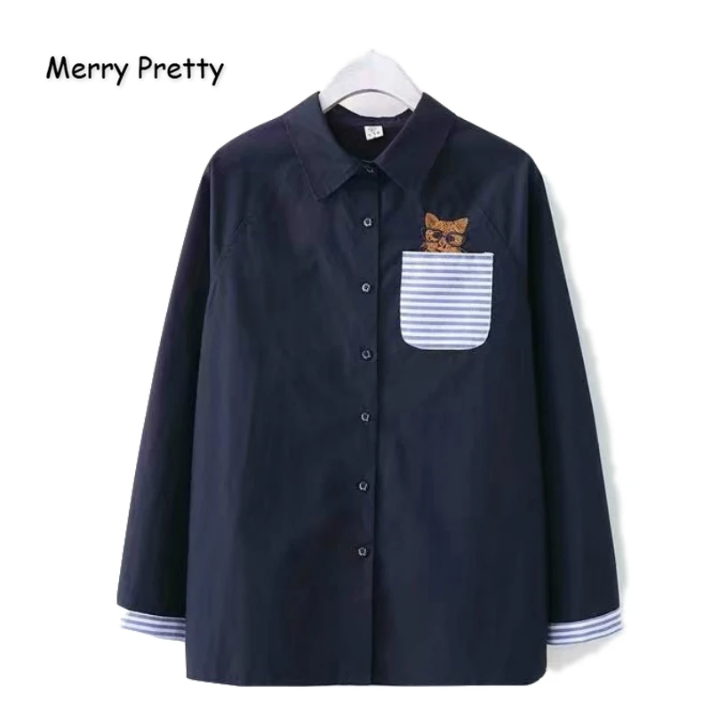 

Merry Pretty Cotton Women's Cartoon Cat Embroidery Navy Blouses 2020 Autumn Long Sleeve Turndown Collar Striped Patchwork Shirts
