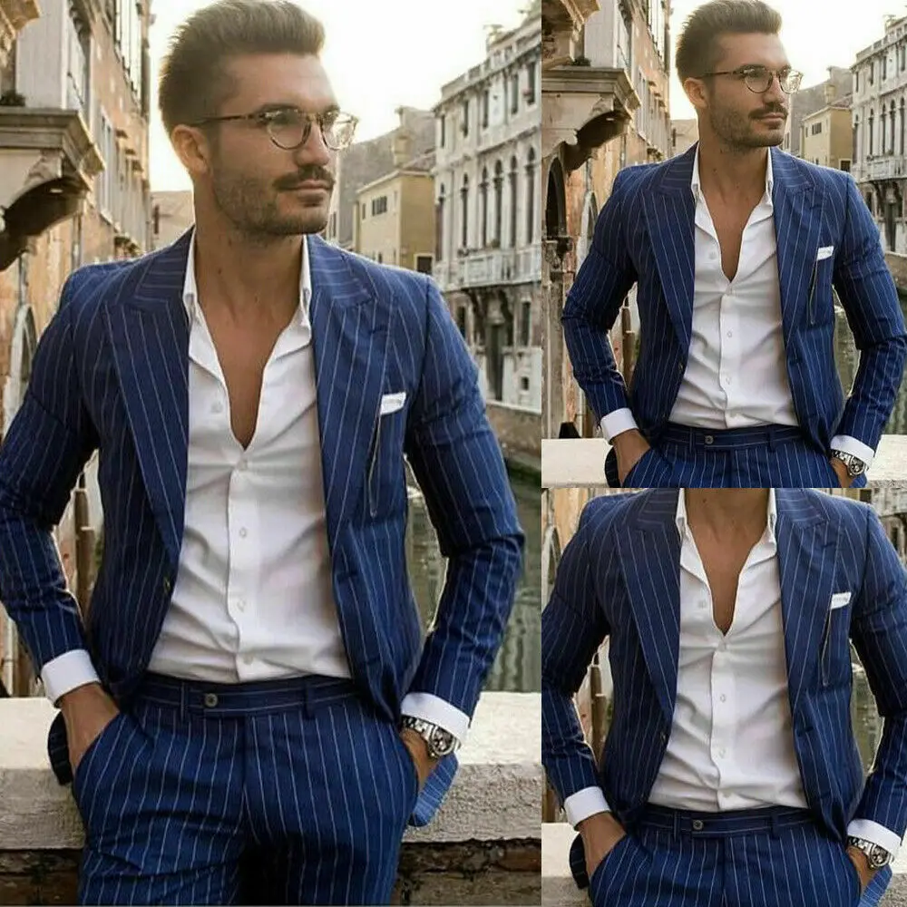 

Blue Striped Men Suit Peak Lapel Single-Breasted Tuxedo Groom Suits For Men Wedding Groom Formal Blazer 2 PCS Jacket & Pants