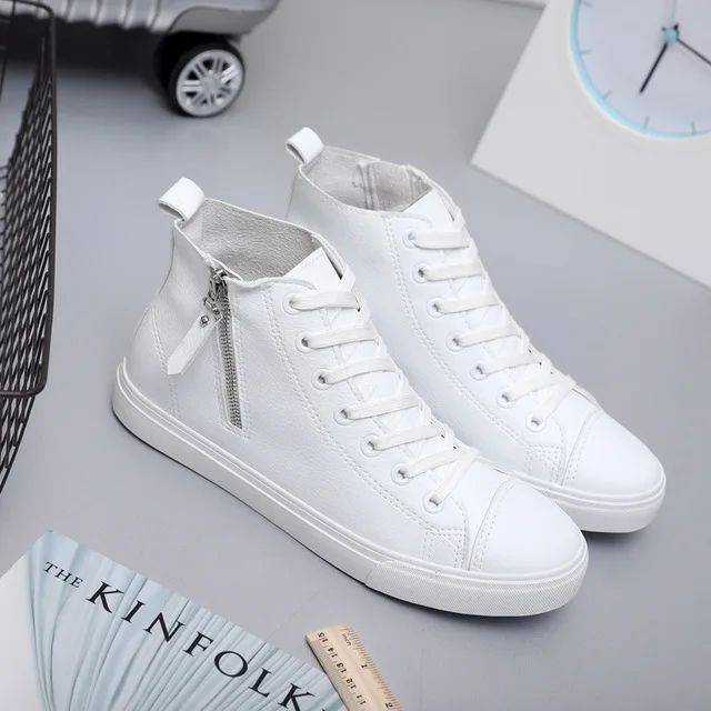 White Мужские кроссовки; Новинка года; сезон осень; кожаная мужская повседневная обувь; белая модная мужская обувь на молнии; высокая обувь на плоской подошве; Zapatos de hombre - Color: White