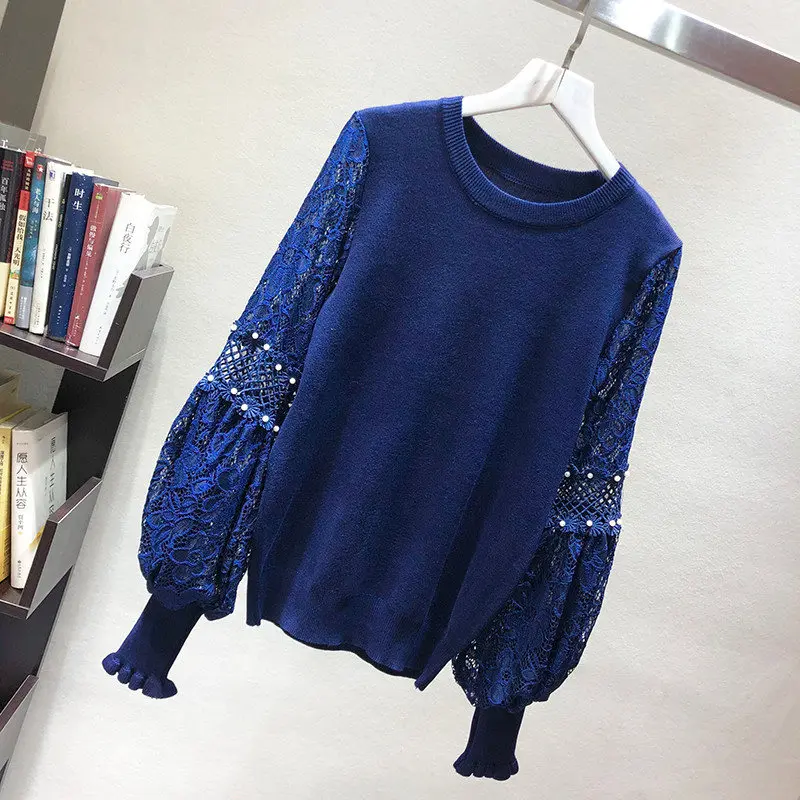 Женский осенне-зимний трикотажный пуловер с кружевом и рукавами-фонариками |