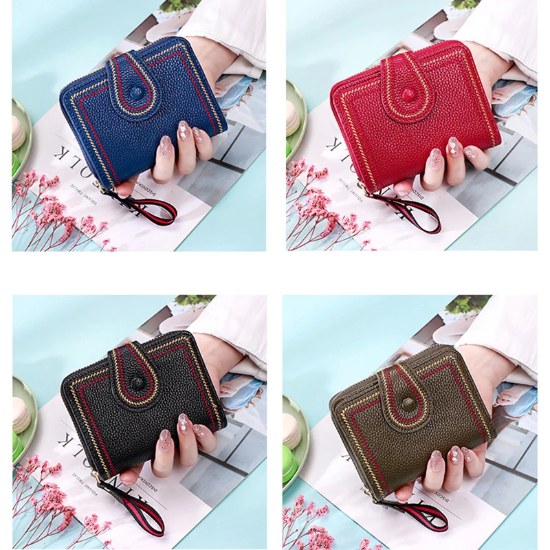 Single Organ Leather Card Holder For Women Fashion Short Bifold Wallet With Zipper Coin Pocket Ladies Small Cute Card Case