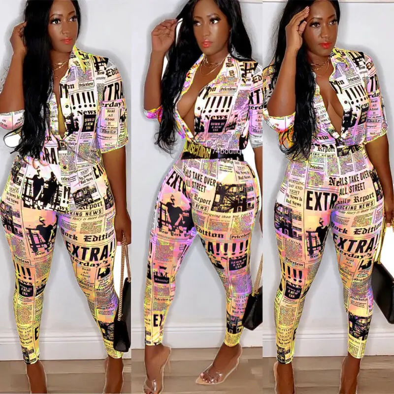 

2PCS Women Blouse Top Set Long Pants Two Piece Set Newspaper Print Outfits