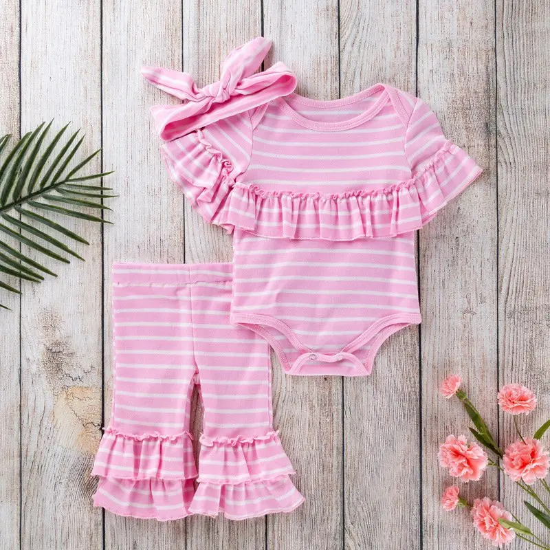 

Pink Stripes Girls Bodysuits Kids Pants Headband 3pcs Summer Baby Girl Clothes Set Newborn Infant Clothing Toddler Outfits