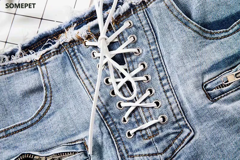 

Women Loose Mid waist crimping denim shorts Fitness cotton pockets lace-up short jeans