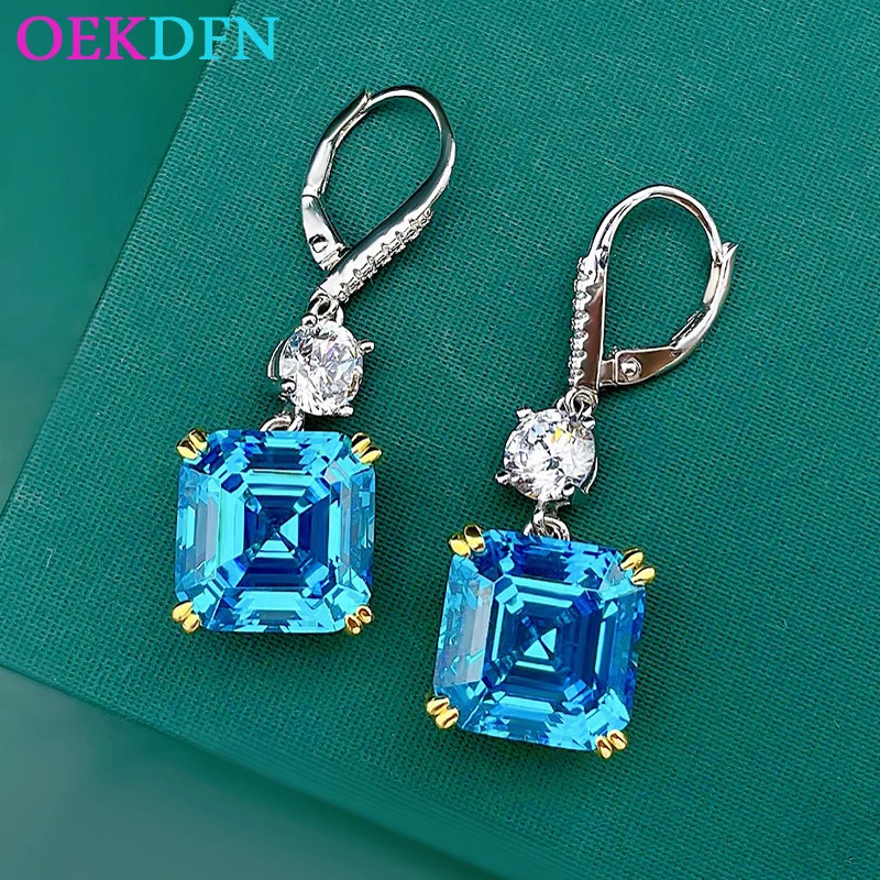 

Роскошные серьги-гвоздики OEKDFN из серебра 100% пробы с бриллиантами 12*12 мм морского и голубого цвета, свадебные серьги для женщин, Изящные Ювел...