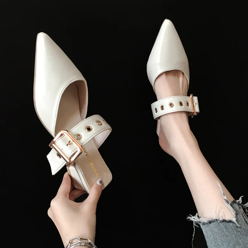 

Female Shoes Slippers Casual Square heel Pointed Toe Slides Shallow Med Mules For Women 2021 New Luxury Block Cover Fashion Rubb
