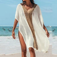 women v neck pullover solid cover up summer sexy mesh beach dress cover ups swimwear 2021 tassel bikini swimsuit cover up dress