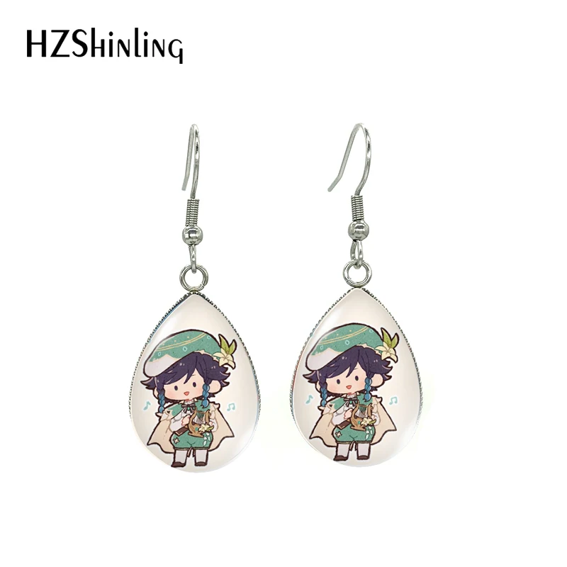 

Genshin ударопрочные разбавленные Zhongli Venti картины, висячие серьги-капли, стеклянный кабошон, ручная работа, украшения для ушей