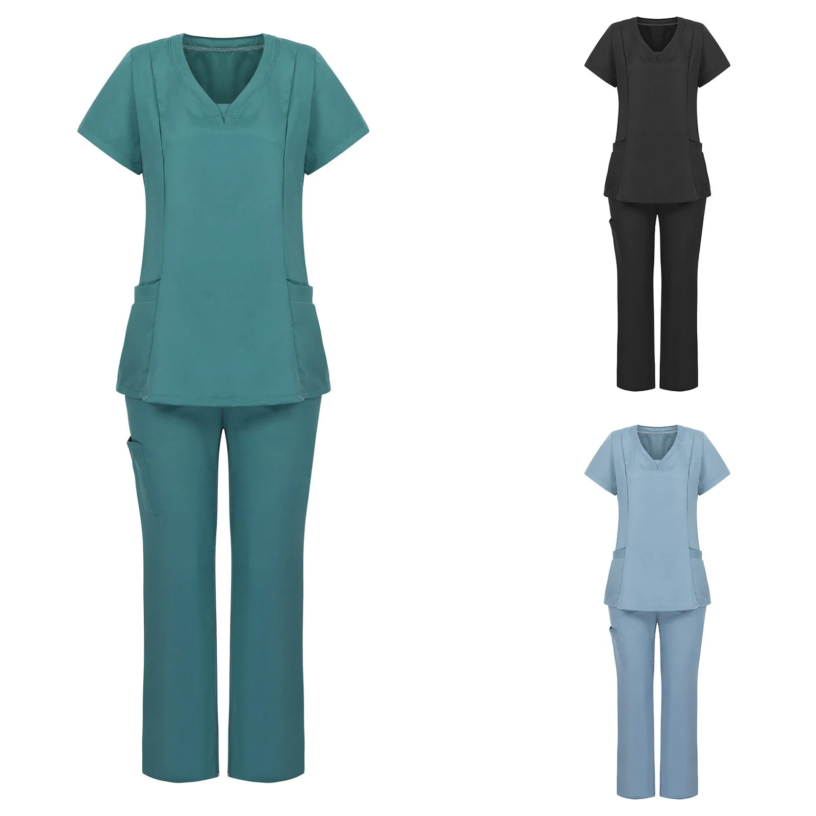 

High Quality Spa Uniforms Women Working Uniform Pocket Short Sleeve Blouse+Long Pants Two-piece Sets Women Clothing nursing 2021