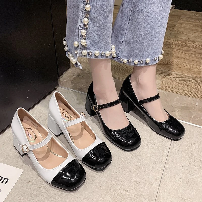 

2021 New Womens Platform Heels Shallow Mouth Square Toe Buckle Strap Mixed Colors High Heels Autumn Wedding Party Sexy Pumps PU