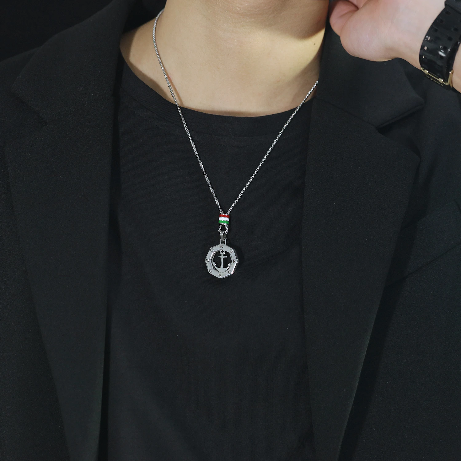 

European and American Personality Creative Hollow Design Men Retro Simple Titanium Steel Ship Anchor Pendant