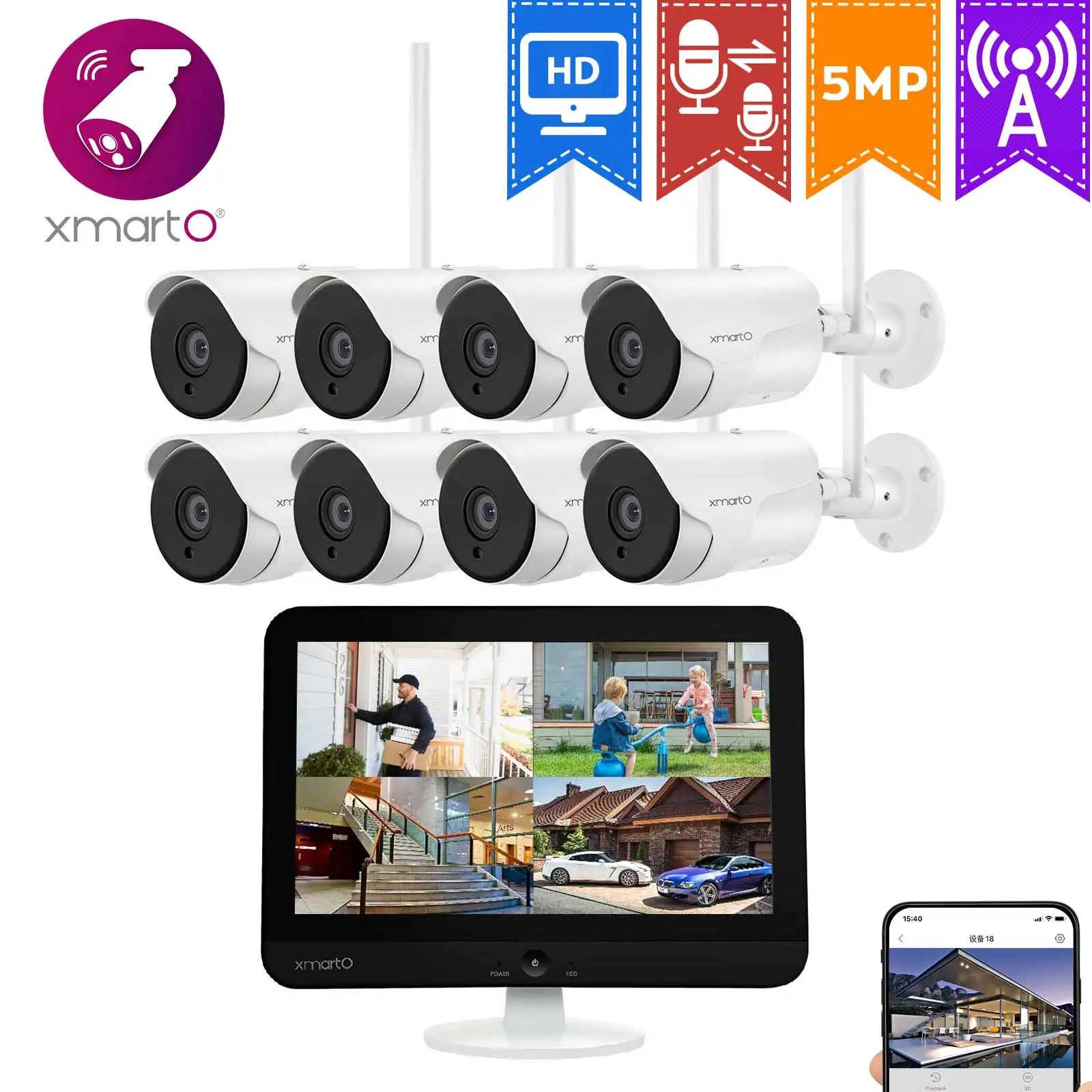 [Все в одном] XMARTO HD 1296p/1080P WiFi система камер домашней безопасности с 5MP LCD NVR, ИК ночное видение, 2-полосное аудио