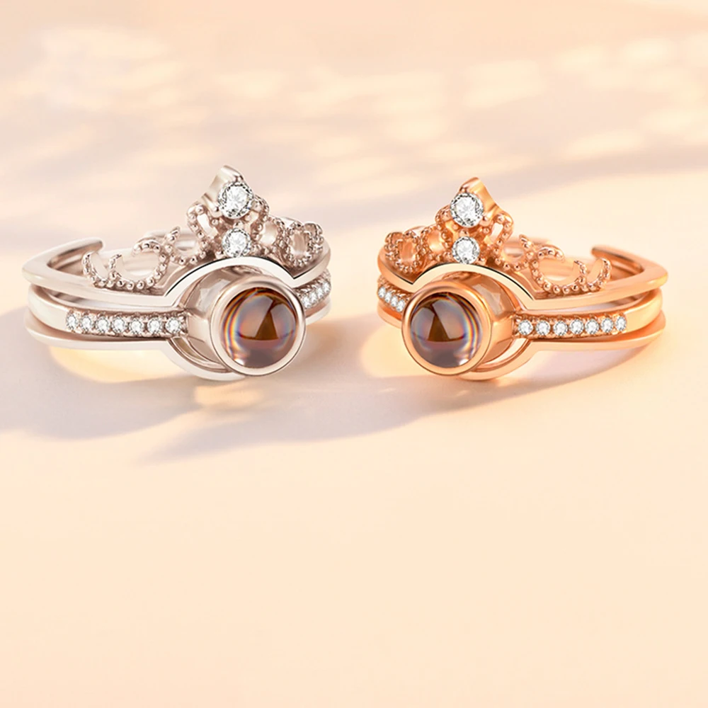 &quotI Love You&quot In 100 Languages Memory Crown Couple Rings Rose Gold Engagement Wedding Valentine's Day Ring Set Drop Shipping |