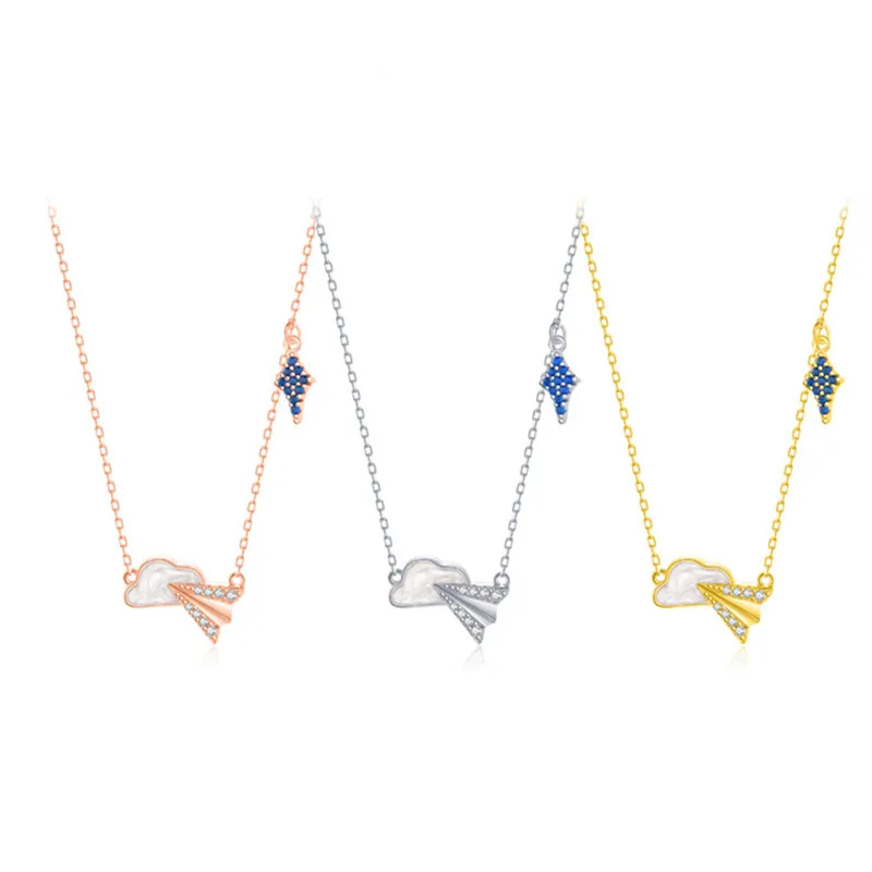 

New 925 Sterling Silver Necklace White Gold White Enamel Cloud Paper Airplane Star Blue Zircon Female Fashion Jewelry