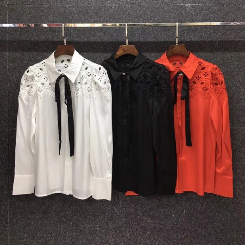

Women's Top Quality Blouses 2021 Spring Summer Shirt Ladies Turn-down Collar Hollow Out Embroidery Elegant Shirt Orange White