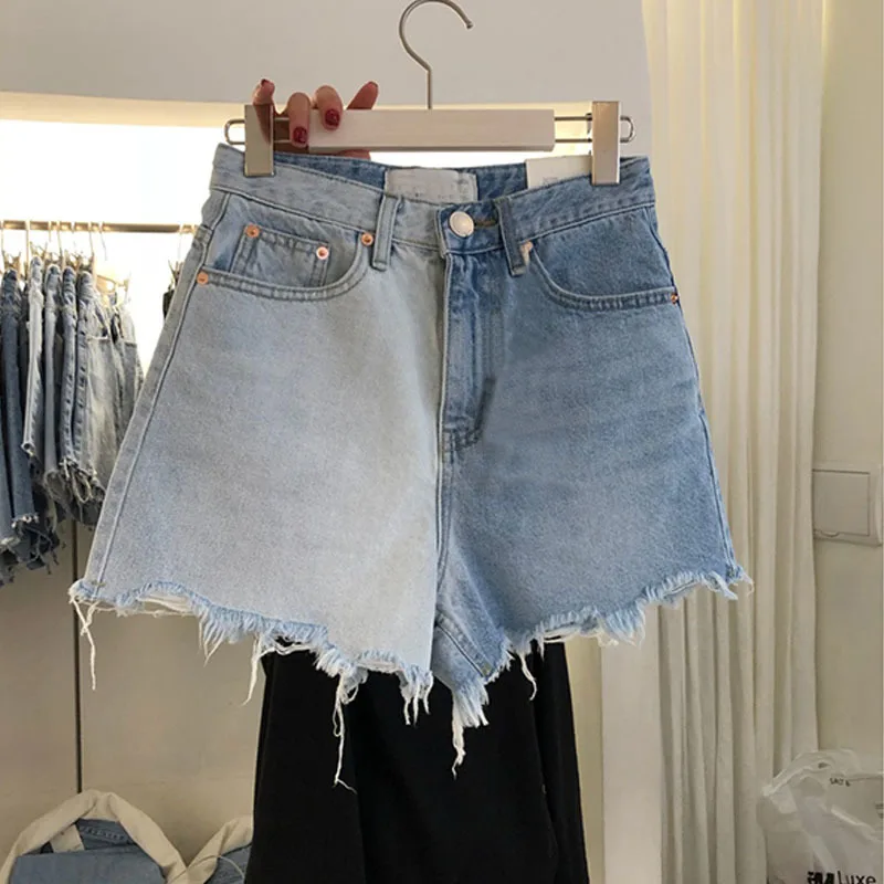 

2021 New Korean Style Women Splicing Loose Denim Shorts Lady Casual Hole Mini Jeans Shorts