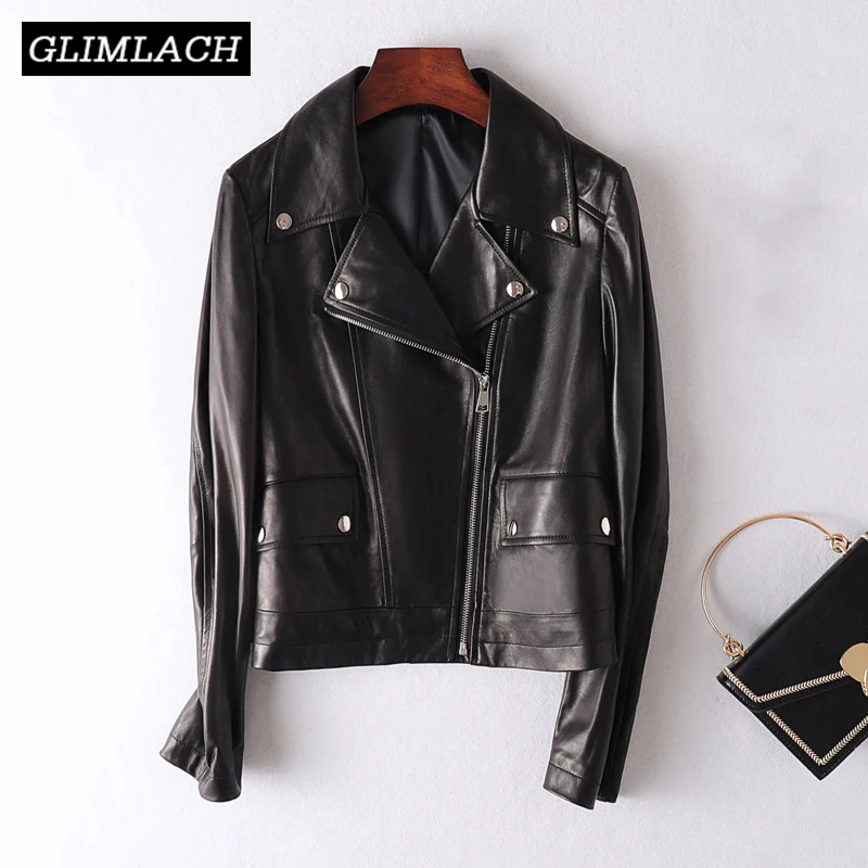 2019 New genuine leather Coat Women Black Slim Short Real Leather Jacket Ladies Motorcycle Biker Outerwear Female Autumn Clothes