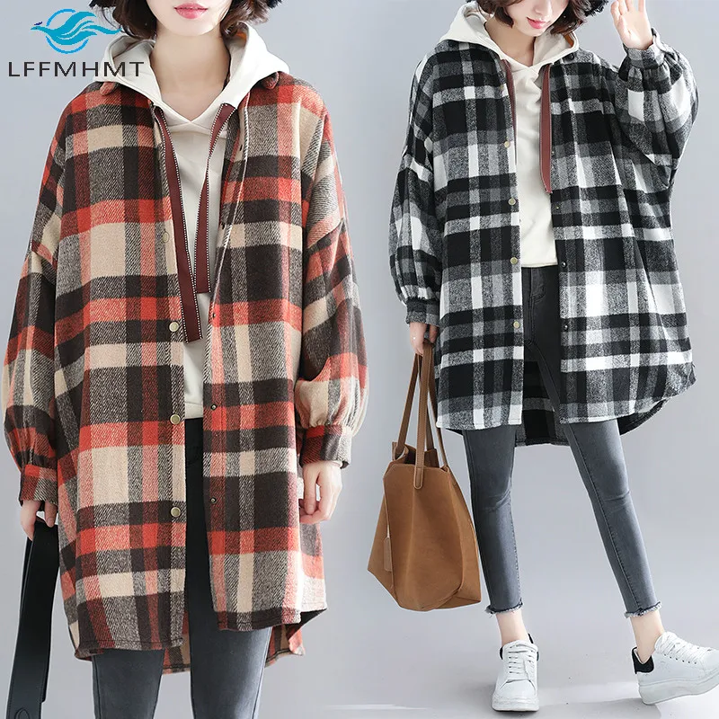 

Female Winter Fall Fashion Vintage Thick Long Sleeve Oversized Plaid Coats Large Size Women Korea Style Casual Loose Trendy Tops