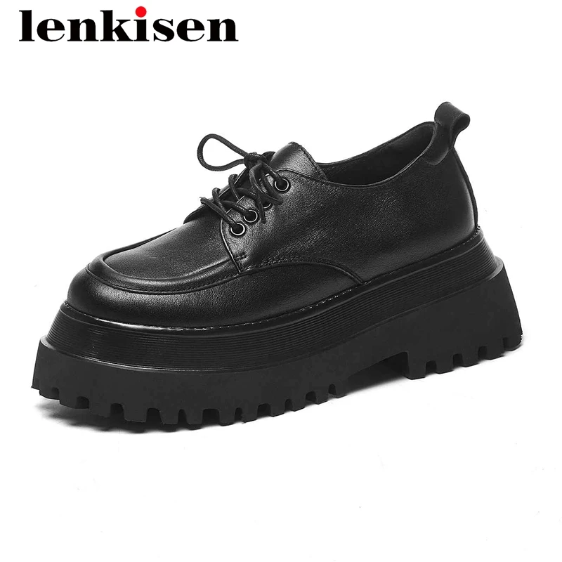 

Lenkisen leisure genuine leather all-match waterproof cross-tied round toe thick high heel lace up pretty girls women pumps L01