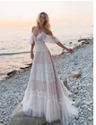 Богемные пляжные свадебные платья в стиле бохо на тонких бретельках, белые платья невесты с открытыми плечами, платья длиной до пола