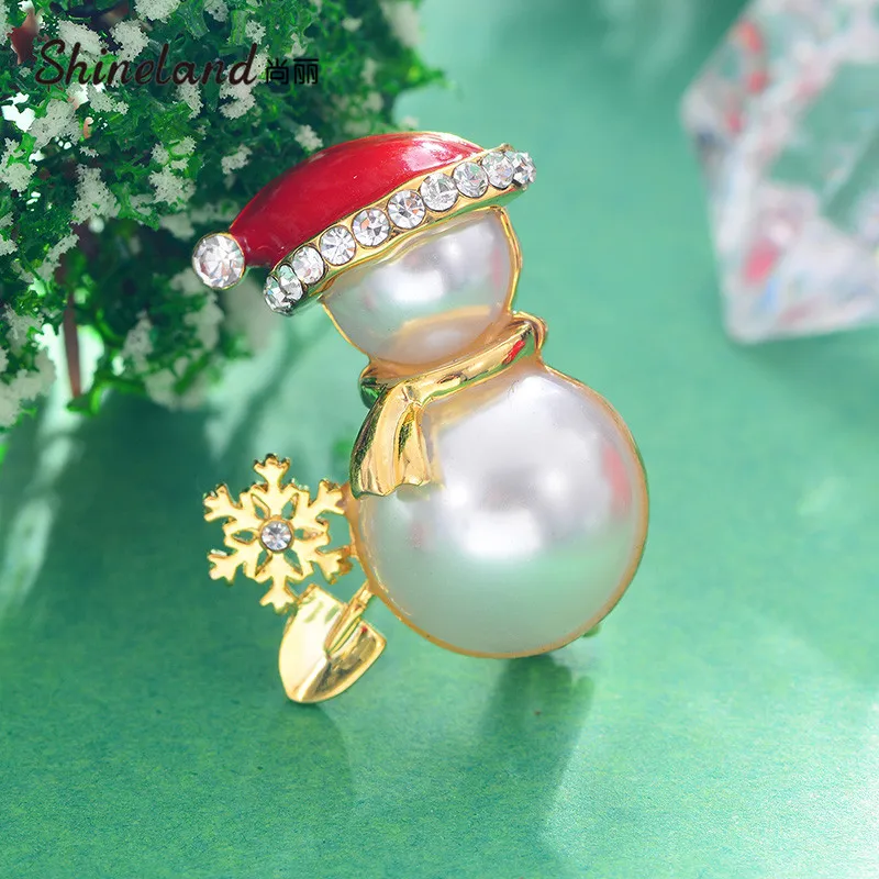 

Shineland 2021 Lovely Snowman Brooches for Women Pearl Crystal Alloy Snowflake Brooch Pins Lady Girl Christmas Gift Wholesale