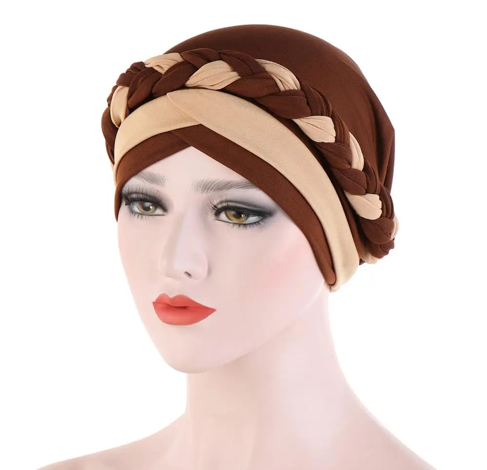 doulble color braid turbans cotton stretcy inner hijab caps Muslim Hijab Caps female hairloss chemo hat turbante mujer