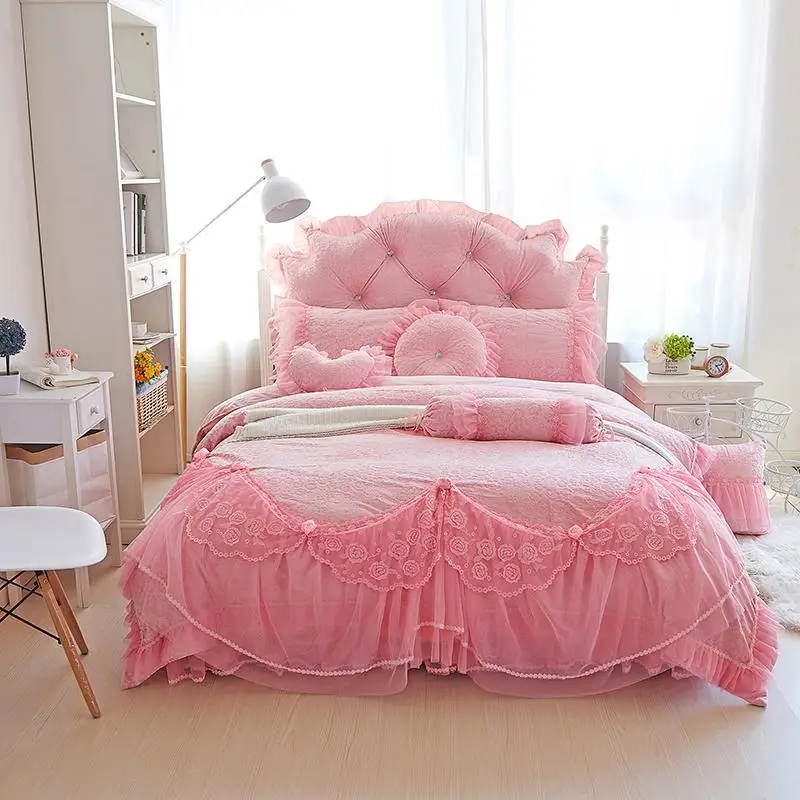 

30Korean Princess lace bedding set winter fleece thick Bedding sets full queen king size bedskirt duvet cover set bedsheet