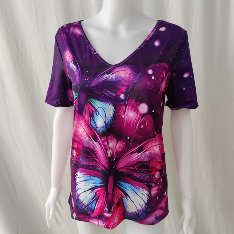 

Casual V-neck Tees Multicolor Butterfly Print Short-sleeved Summer Fashion Female Loose T-shirt Street Hipster Pullover T-shirt