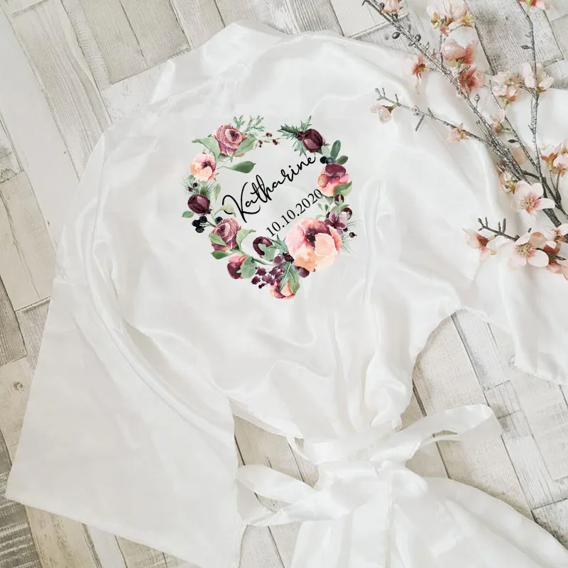 

Custom Name Flower Print Women Silk Satin Long Wedding Bride Bridesmaid Robe Kimono Robe Bathrobe