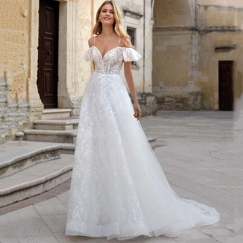 

Bohemian Wedding Dresses 2021 Lace Vintage Bride Dress Spaghetti Straps A Line Boho Wedding Gowns with Sleeve Sweetheart Bodas