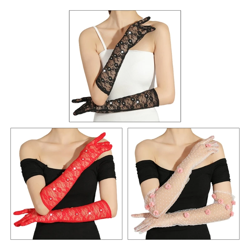

Elegant Evening Party Wedding Ultra Thin Gloves Semi Sheer Stretch Mesh Female
