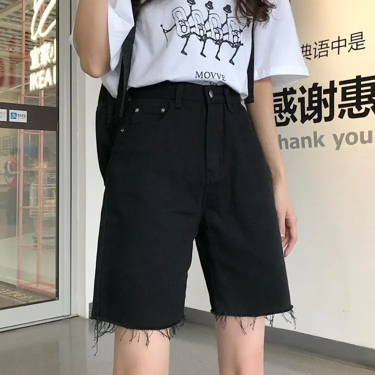 

2020 summer new BF wind ripping edge Korean denim shorts women's loose and thin wide leg middle pants students' Capris