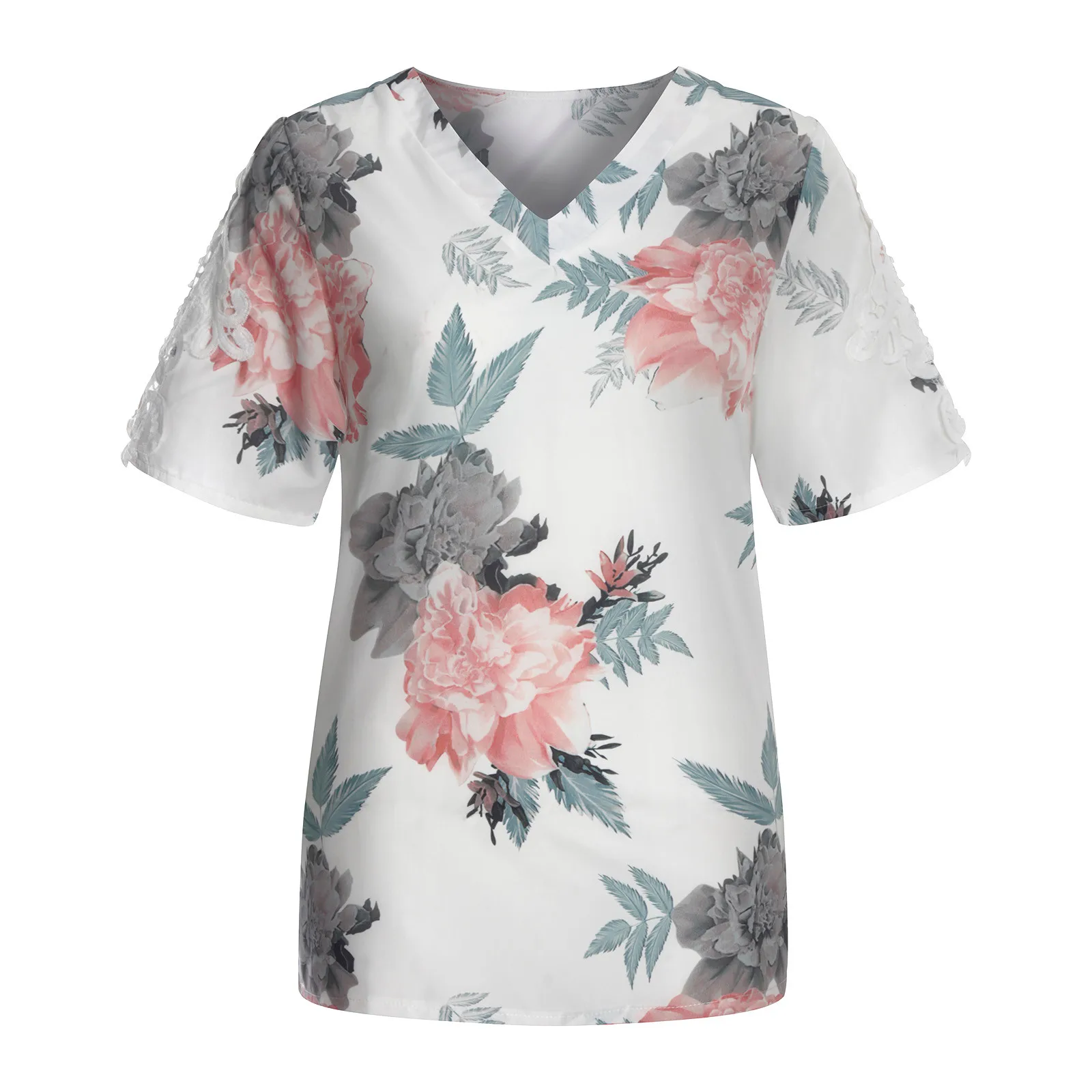 

Boho Women Summer Tops Blouse Floral Print Lace Hollow Short Sleeves Shirts Women Tops And Bloues Blusas Mujer Female Clothing