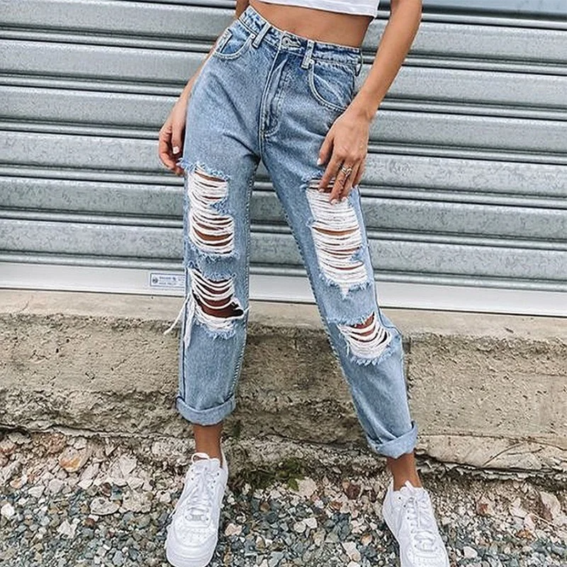 

WEPBEL Women Fashion Jeans Casual Ripped Jeans Slim Fit Mid Waist Female Hole Broken Jeans Denim Pants Solid Color Trousers