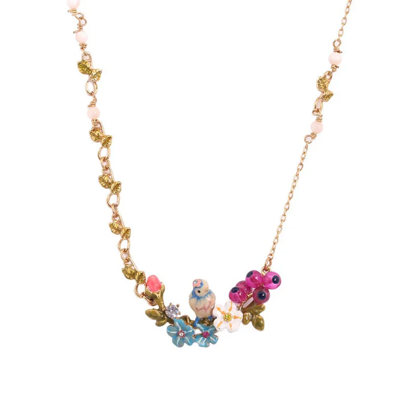 

Enamel Fashion Glaze Three-dimensional Blue Tit Bird Blue Daisy Flower Rose Necklace Flower Branch Short Chain Female Jewelry