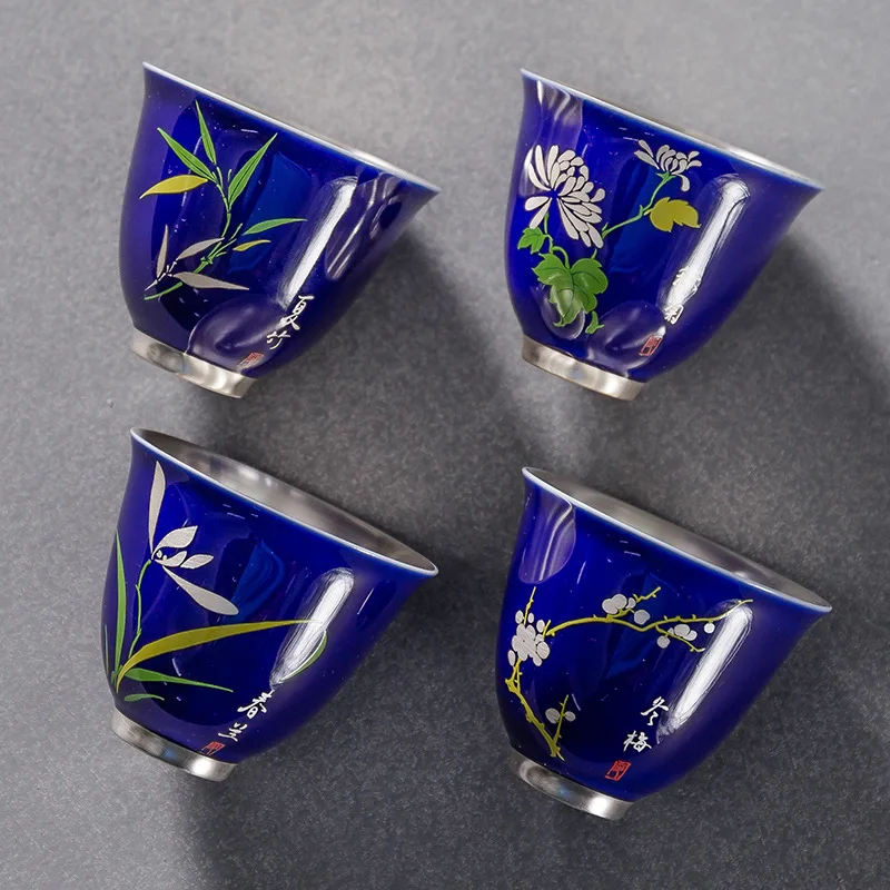 

999 Silver Gilt Cup Of Silver Merlin Bamboo And Chrysanthemum Tea Cup With Silver Cup Master Cup Teacup Kung Fu Tea Cup