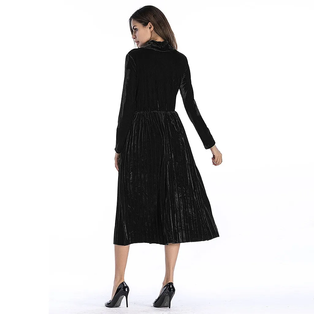 Formal Dress Women Elegant Sweet Evening Dresses 2019 Autumn Winter Ladeis Black Turtleneck Long Sleeve Sundress vestidos | Женская
