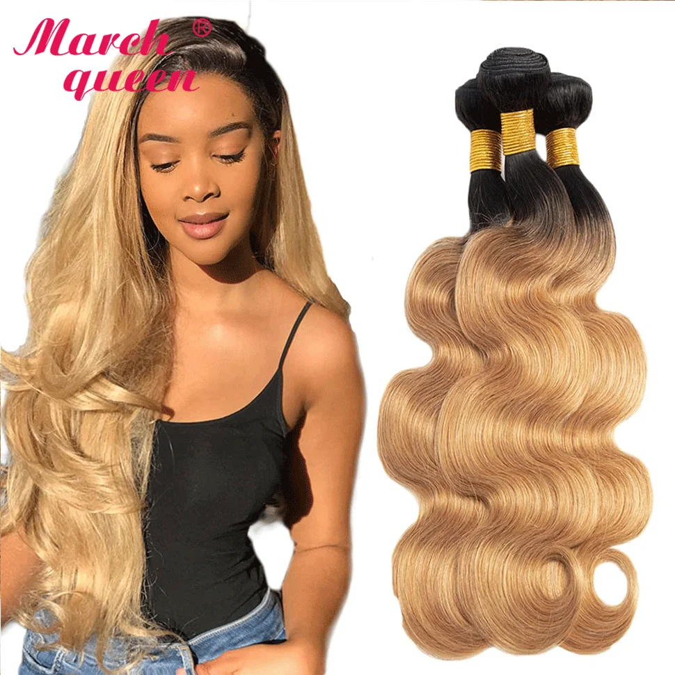 Marchqueen 1b/27 Body Wave Peruvian Hair Weave Bundles Two Tone 3/4pcs Body Wave Human Hair Extensions For Black Women Remy