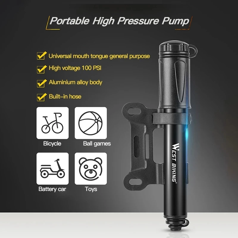 WEST BIKING 100Psi Mini Bike Pump Aluminum Alloy Bicycle Hand Air Pump Tire Inflator Schrader Presta Valve MTB Road Cycling Pump