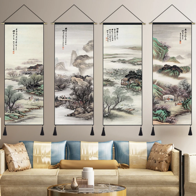 Картина на холсте "Китайский пейзаж с чернилами", напечатанная на висющем скролле, искусство для стены дома, украшение гостиной, плакат.