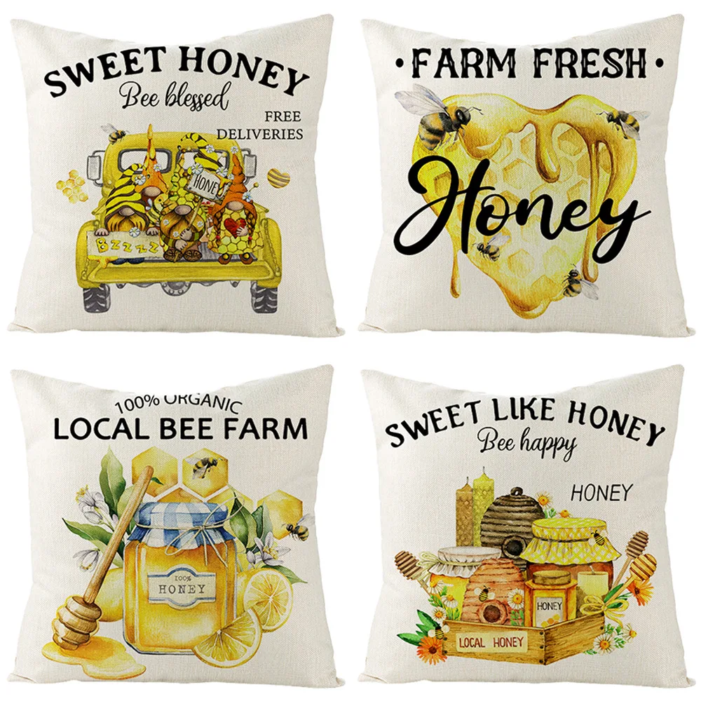 

2022 New Year Spring Printing Bee Flower Linen Pillow Case for Sofa Car Home Decorative Pillowcase Living Room Cushion Cover Hot