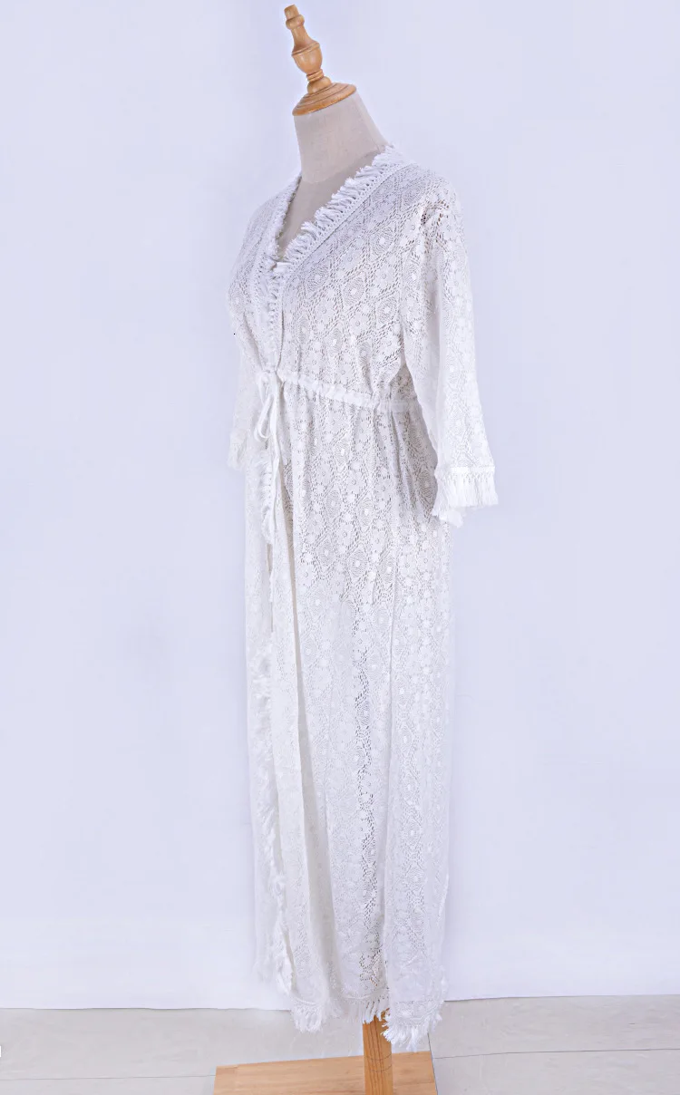 

Elegant Fringed Lace Kimono Cardigan Fashion Beach Cover Up Summer Women Tunic Beachwear Bikini Coverup Pareo Plage White Dress