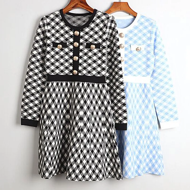 

Black White Plaid Sweater Dress 2020 Autumn Winter Vintage Dress Long Sleeve O-neck A-line Knitted Dress Vestidos
