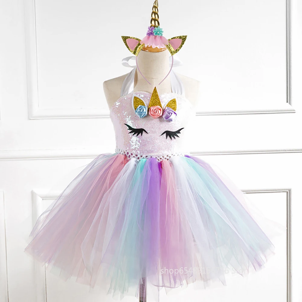

Unicorn Girl New Fantasy Angel Flowers Rainbow Little Pony Birthday Present Children Halloween Christmas Carnival Party Dress